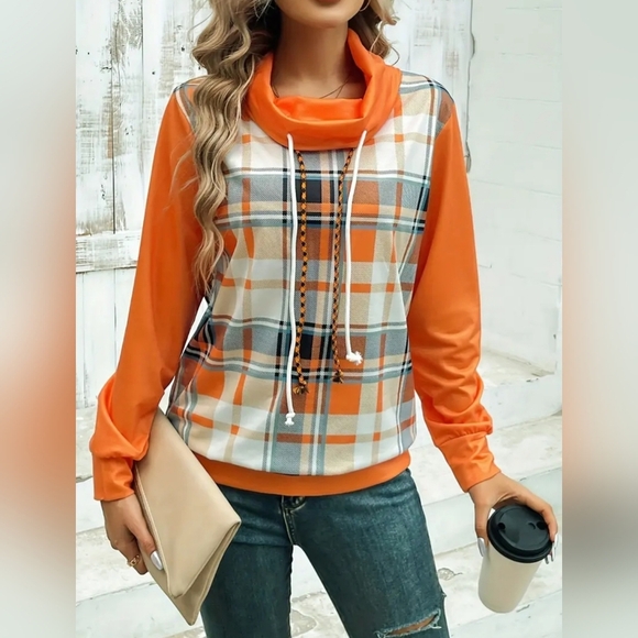 WOMENS COWL NECK PLAID PRINT LONG SLEEVE SWEATSHIRT.  NEW, SIZE SMALL! - Picture 5 of 7